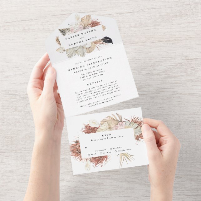 Modern Premium Wreath Pampas Grass Floral Wedding All In One Invitation (Tearaway)