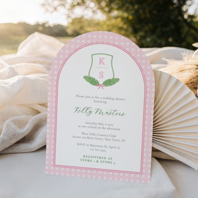 Modern Preppy Arch Green Monogram Bridal Shower Invitation (Preppy pink and green arch monogram bridal shower invitation)