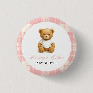Modern Preppy Bear Pink Plaid Baby Shower 3 Cm Round Badge