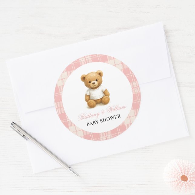 Modern Preppy Bear Pink Plaid Baby Shower   Classic Round Sticker (Envelope)