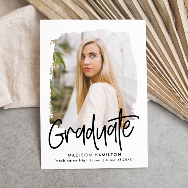 Modern Preppy Black Script Photo Graduation Announcement (Creator Uploaded)