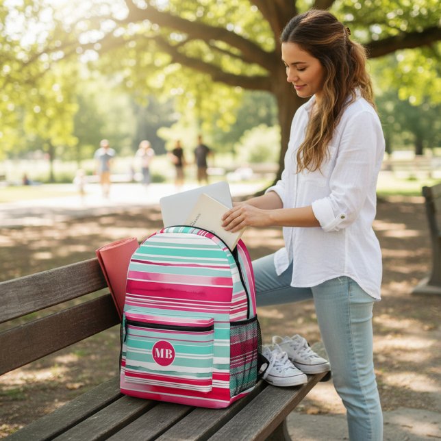 Modern Preppy Cyan Magenta Monogram Printed Backpack (Creator Uploaded)
