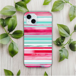 Modern Preppy Cyan Magenta Personalised Name iPhone 15 Mini Case