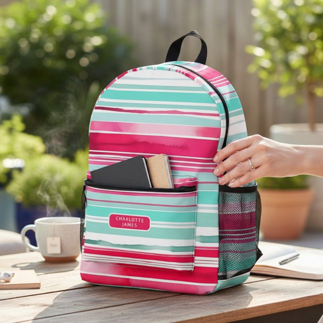 Modern Preppy Cyan Magenta Personalised Name Printed Backpack (Creator Uploaded)