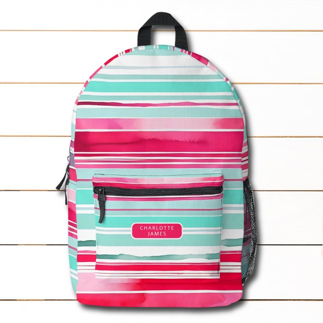 Modern Preppy Cyan Magenta Personalised Name Printed Backpack (Creator Uploaded)