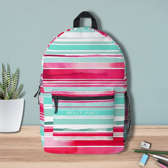 Modern Preppy Cyan Magenta Personalised Name Printed Backpack (Creator Uploaded)