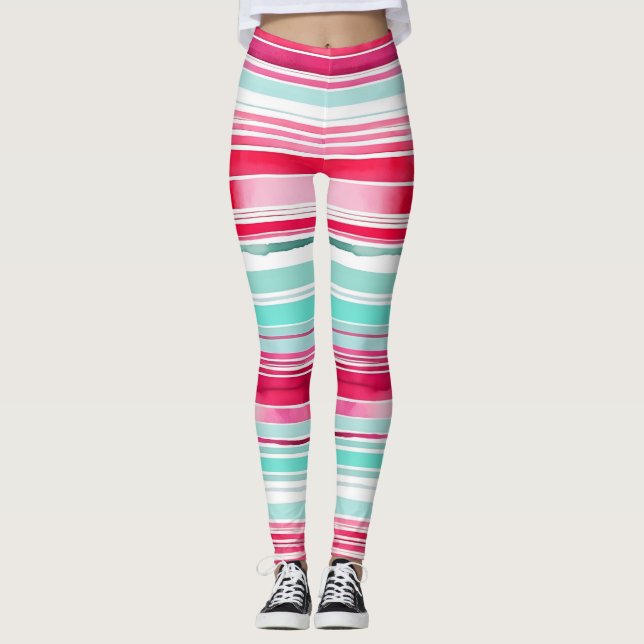 Modern Preppy Cyan Magenta Watercolor Stripe Leggings (Front)