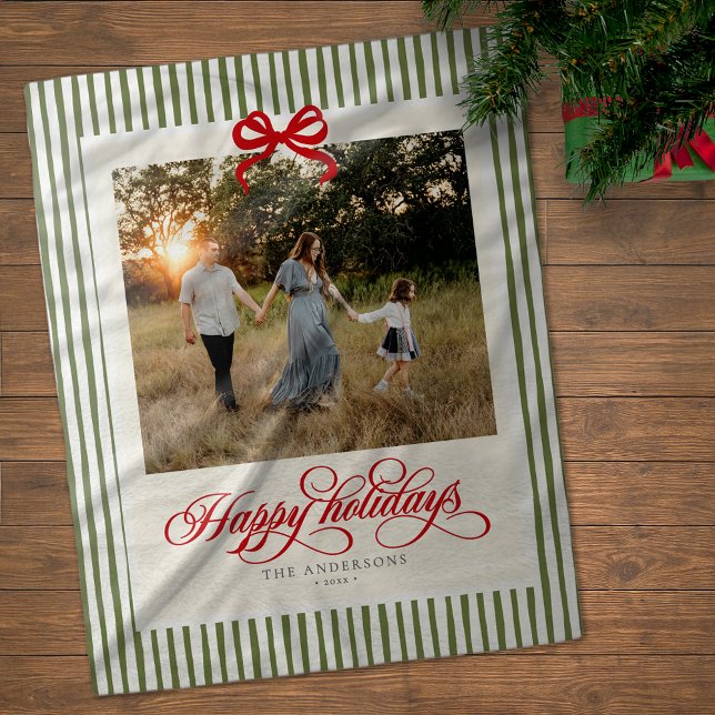 Modern Preppy Happy Holidays Bow Name & Photo Fleece Blanket (Creator Uploaded)