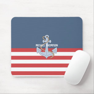 Modern preppy Nautical navy with anchor Mouse Mat