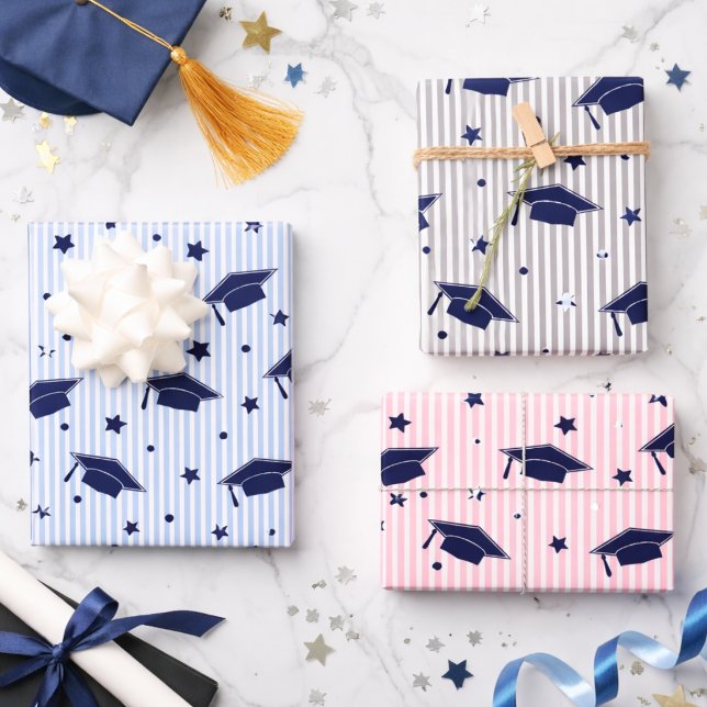 Modern Preppy Navy Blue Graduation Cap Pattern Wrapping Paper Sheet (Creator Uploaded)