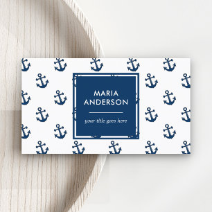 Modern Preppy Navy Blue Nautical Anchors Pattern Business Card