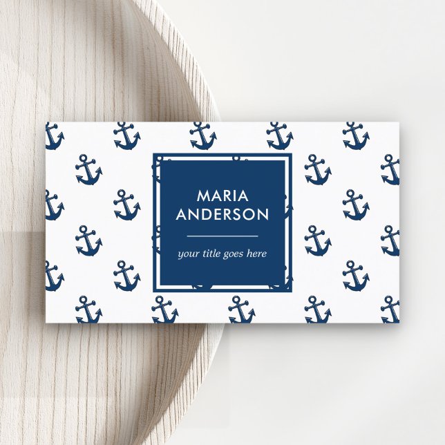 Modern Preppy Navy Blue Nautical Anchors Pattern Business Card (Creator Uploaded)