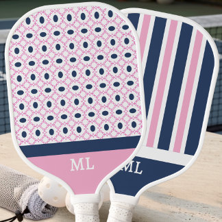 Modern Preppy Navy Pink Geometric Pattern Initials Pickleball Paddle