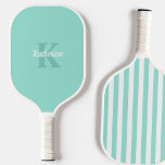 Modern Preppy Pastel Mint Monogrammed Feminine Pickleball Paddle<br><div class="desc">Modern pickleball paddle with custom monogram and name in pretty feminine design in pastel mint green colour,  with trendy striped detail</div>