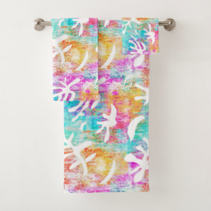 Modern Preppy Pink Blue Tropical  Bath Towel Set