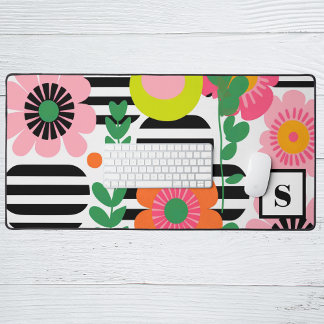 Modern Preppy Pink Colourful Floral Monogram Lette Desk Mat