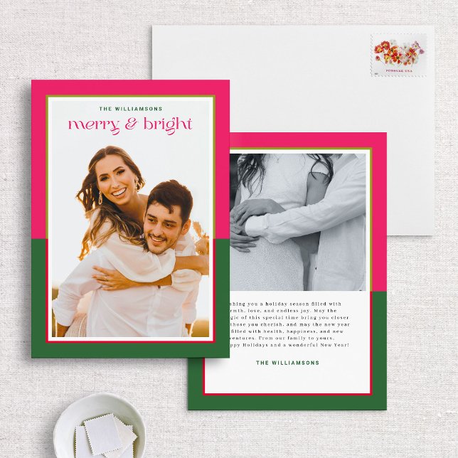 Modern Preppy Pink & Green Merry & Bright Photo Holiday Card (Creator Uploaded)