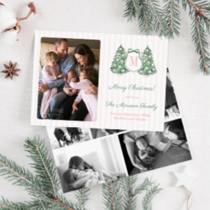 Modern Preppy Pink Green Monogram Bow Photo  Holiday Card