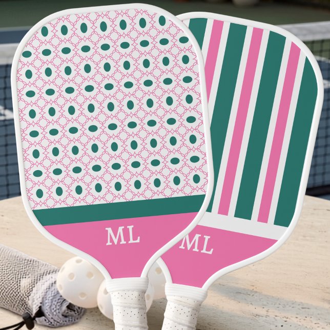Modern Preppy Pink Teal Geometric Pattern Initials Pickleball Paddle (Creator Uploaded)