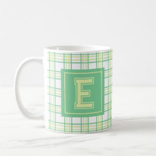 Modern Preppy Plaid Green Lime Varsity Monogram Coffee Mug