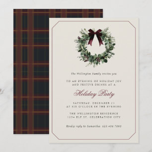 Modern Preppy Plaid Wreath Christmas Party Invitation