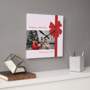 Modern Preppy Red Ribbon Bow Wrap Photo Christmas Square Wall Clock