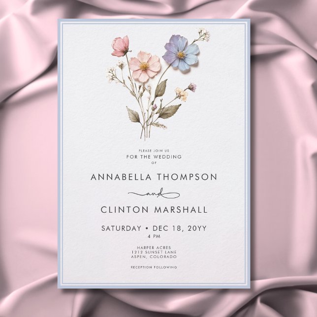 Modern Pressed Pastel Wildflowers Blue Wedding Invitation (Modern Pressed Pastel Wildflowers Blue Wedding Invitation)