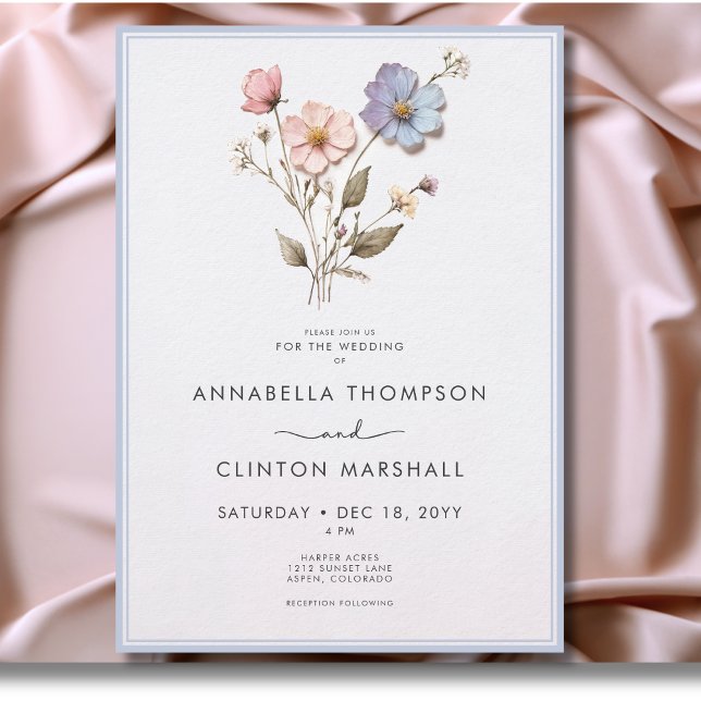Modern Pressed Pastel Wildflowers Blue Wedding Invitation (Modern Pressed Pastel Wildflowers Wedding Invitation)