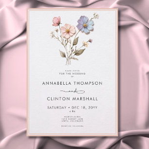 Modern Pressed Pastel Wildflowers Pink Wedding Invitation