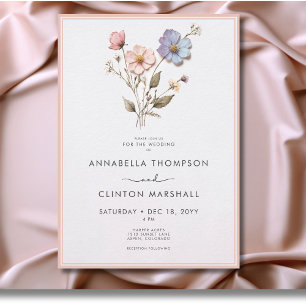 Modern Pressed Pastel Wildflowers Pink Wedding Invitation