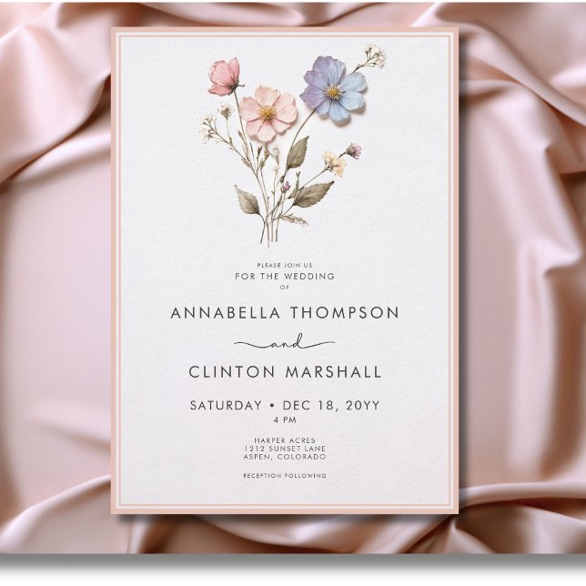 Modern Pressed Pastel Wildflowers Pink Wedding Invitation (Modern Pressed Pastel Wildflowers Wedding Invitation)