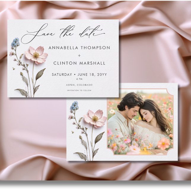 Modern Pressed Pastel Wildflowers Wedding Photo Save The Date (Modern Pressed Pastel Wildflowers Wedding Photo Save The Date)