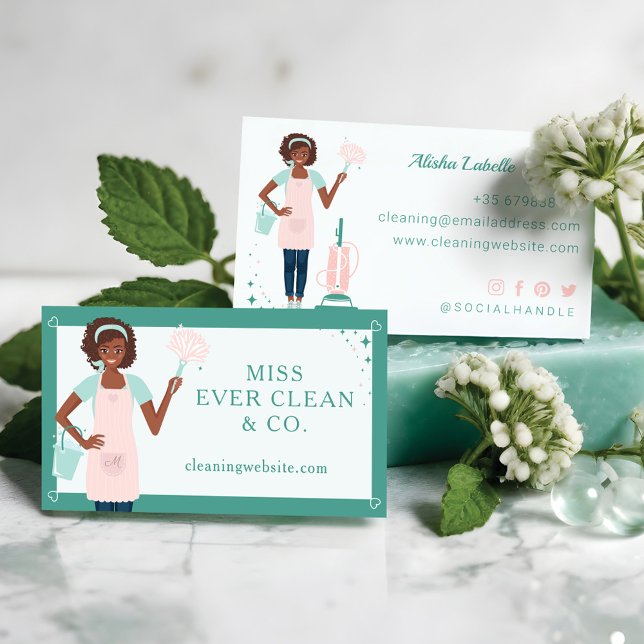 Modern Pretty Black Woman Cleaning & Maid Services Business Card (Modern Pretty Black Woman Cleaning & Maid Services Business Card)