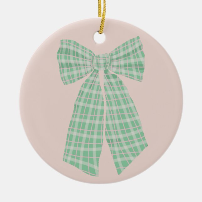 Modern Pretty Blush Gingham Romantic Coquette Bow Ceramic Tree Decoration (Front)