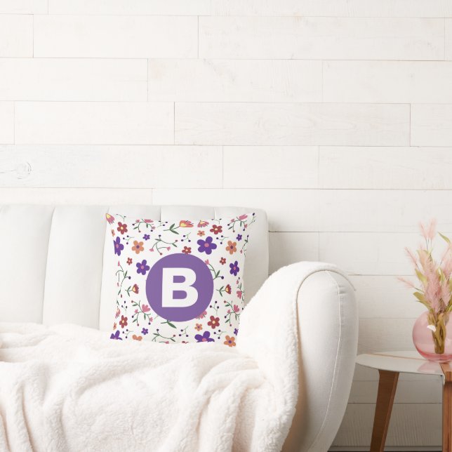 Modern Pretty Colorful Floral Purple Monogram Cushion (Couch)