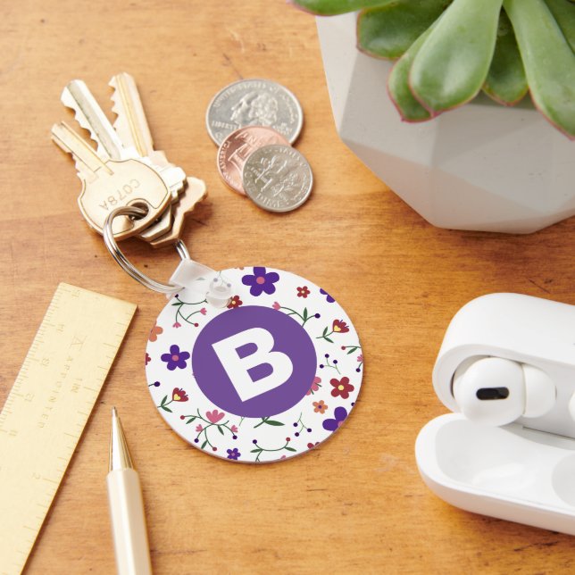 Modern Pretty Colorful Floral Purple Monogram Key Ring (Desk)