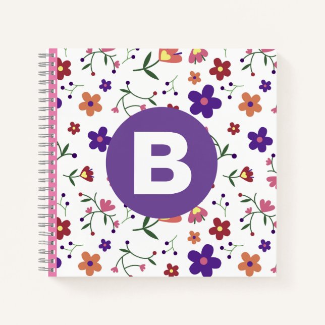 Modern Pretty Colorful Floral Purple Monogram Notebook (Front)
