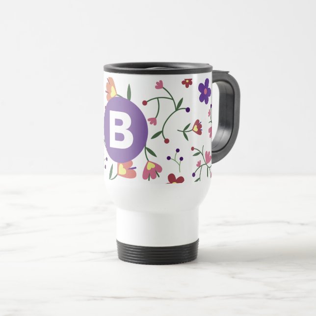 Modern Pretty Colorful Floral Purple Monogram Travel Mug (Front Right)