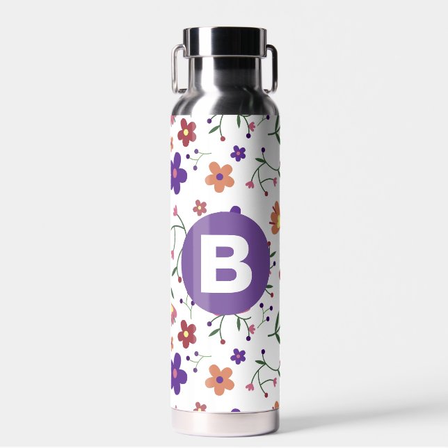 Modern Pretty Colorful Floral Purple Monogram Water Bottle (Front)