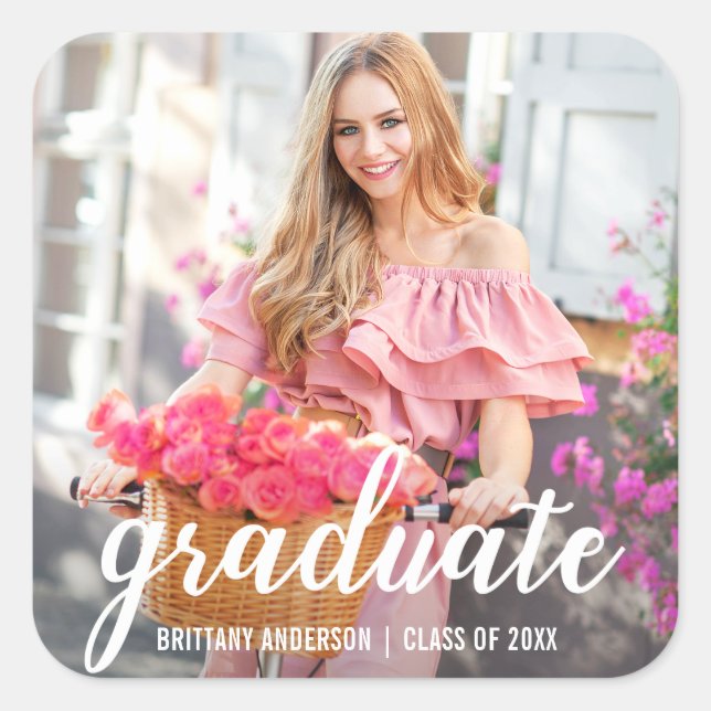 Modern Pretty Graduation Announcement Photo Square Sticker (Front)