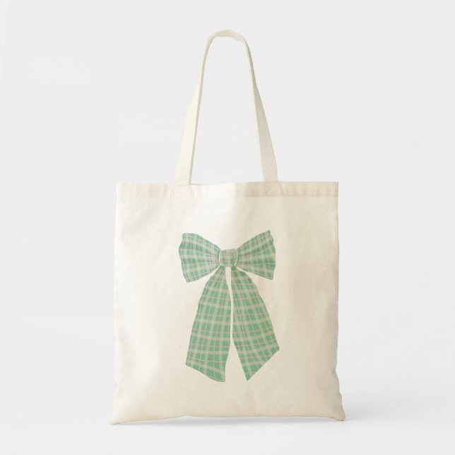 Modern Pretty Green Gingham Romantic Coquette Bow Tote Bag (Front)