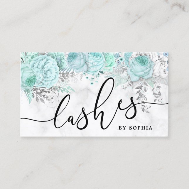 Modern pretty mint floral white marble lashes business card (Front)