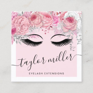 Modern pretty pink floral eyelash extensions square business card