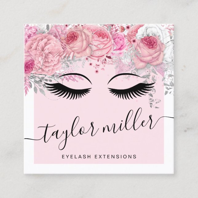 Modern pretty pink floral eyelash extensions square business card (Front)