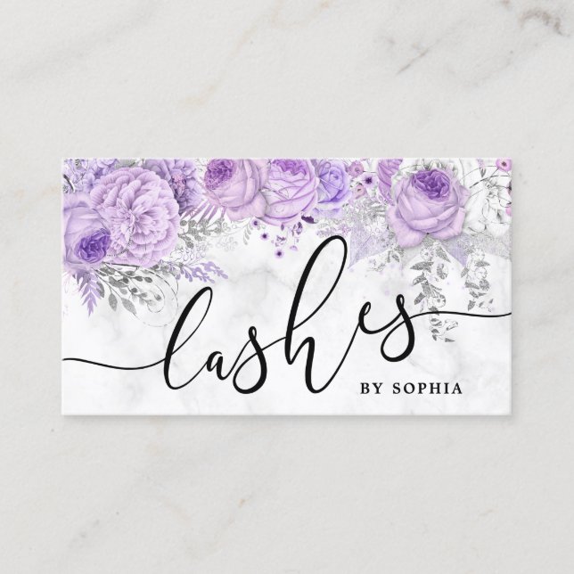 Modern pretty purple floral white marble lashes business card (Front)