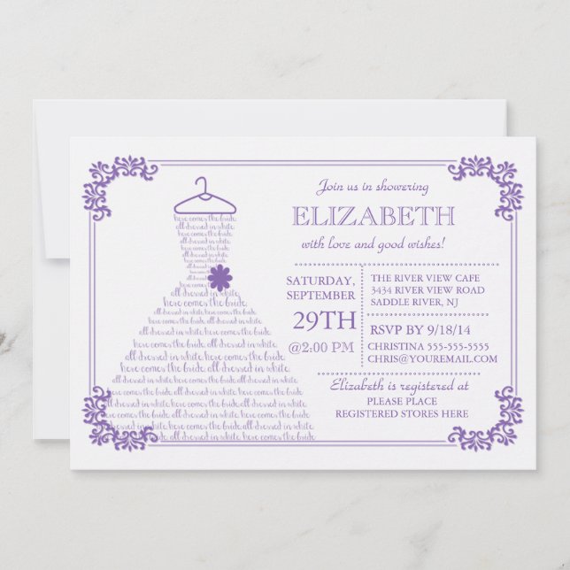 Modern Pretty Purple Wedding Dress Bridal Shower Invitation (Front)