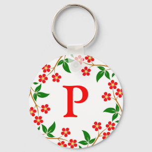 Modern Pretty Red Floral White Monogrammed Key Ring