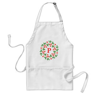 Modern Pretty Red Floral White Monogrammed Standard Apron