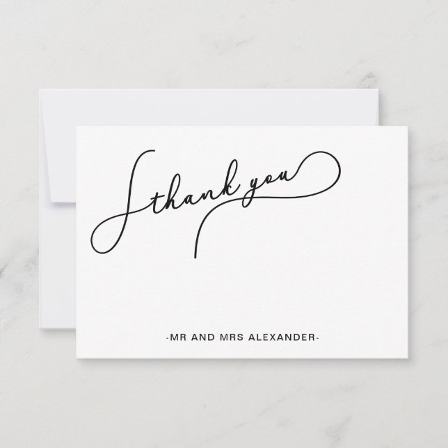 Modern Pretty Script Black and White Thank you Card (Front)