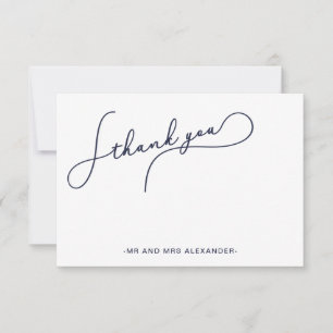Modern Pretty Script Blue and Faux Gold Thank you Card